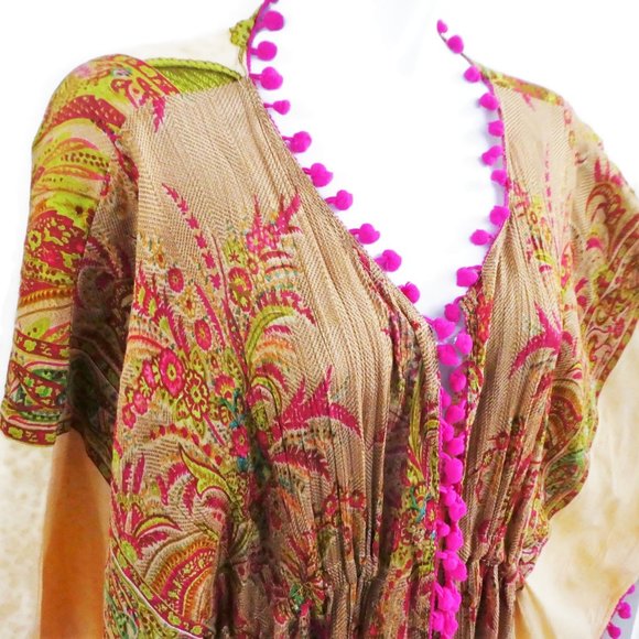NEW Floral Kimono Rayon Tie Waist Pink Pom Pom Trim Velzera Flexible Sizing - Picture 3 of 9